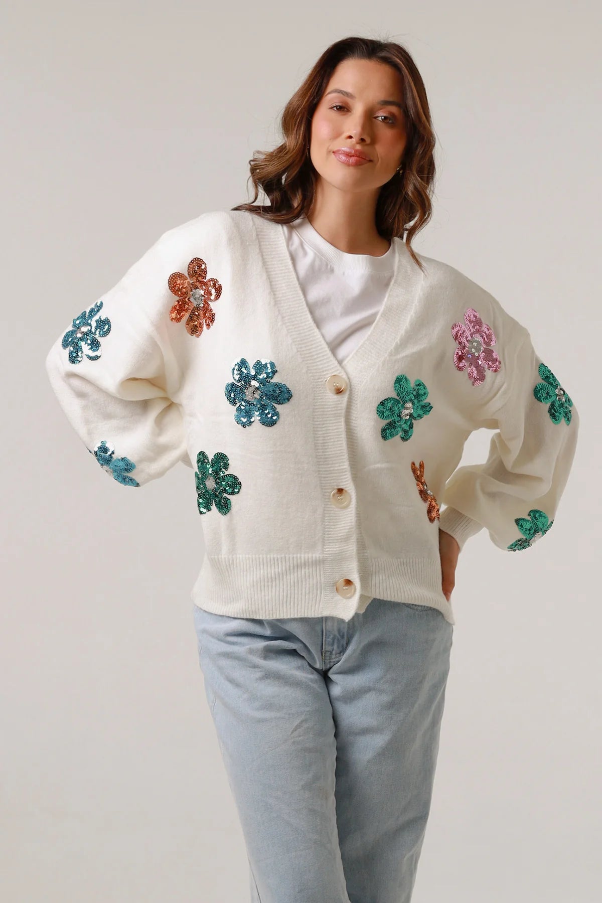 White Sequin Flower Knit Wool Blend Cardigan – Women's Cardigan