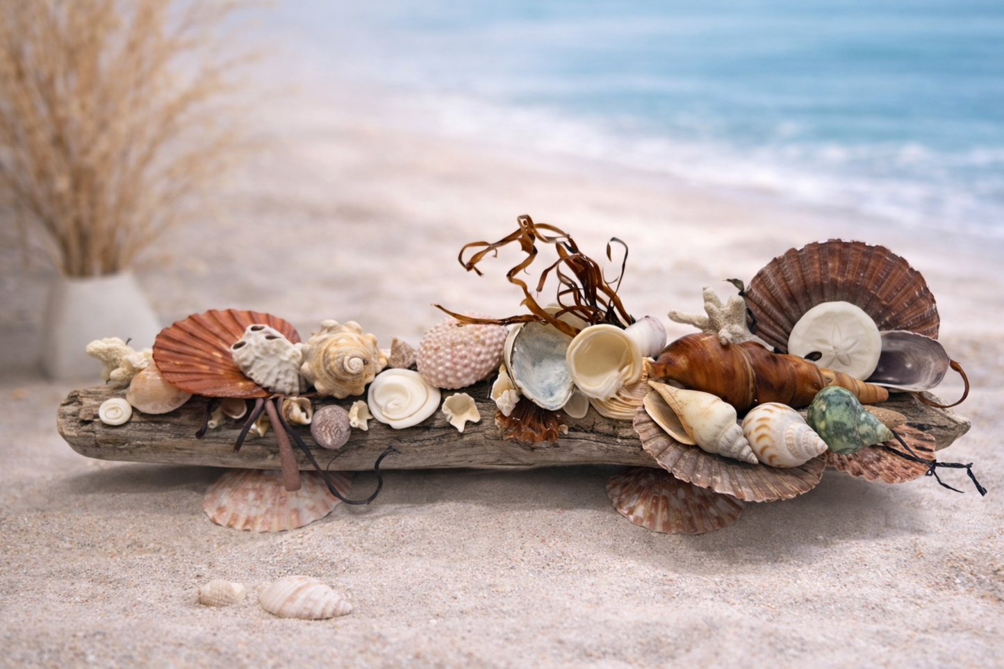 Coastal Driftwood Art Piece - Shoreline Memories with shell feet stands