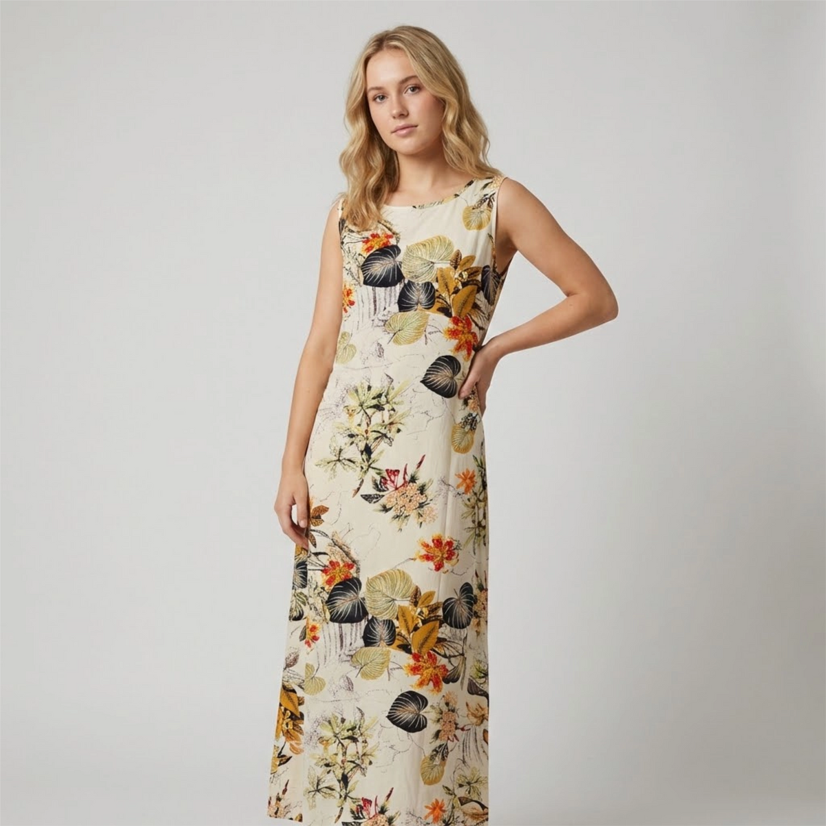Sahara Bloom Sleeveless Floral Maxi Dress – Cream