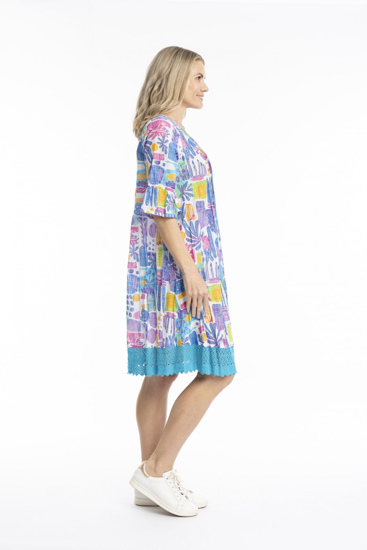 Orientique One Summer- Hannah Cotton Boho Tunic Dress – Tropical Blocks Blue