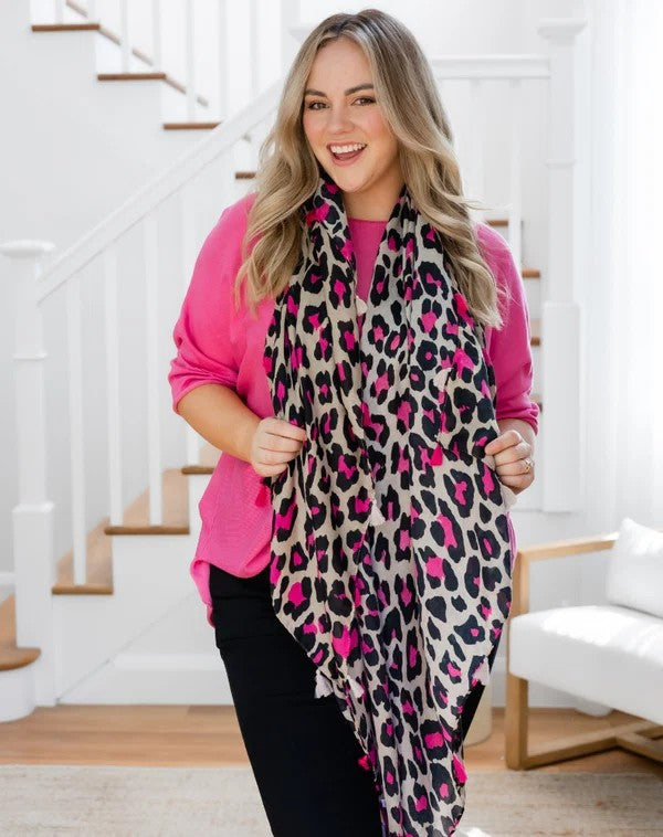 Animal Print Scarf - Hot Pink - Cotton Blend