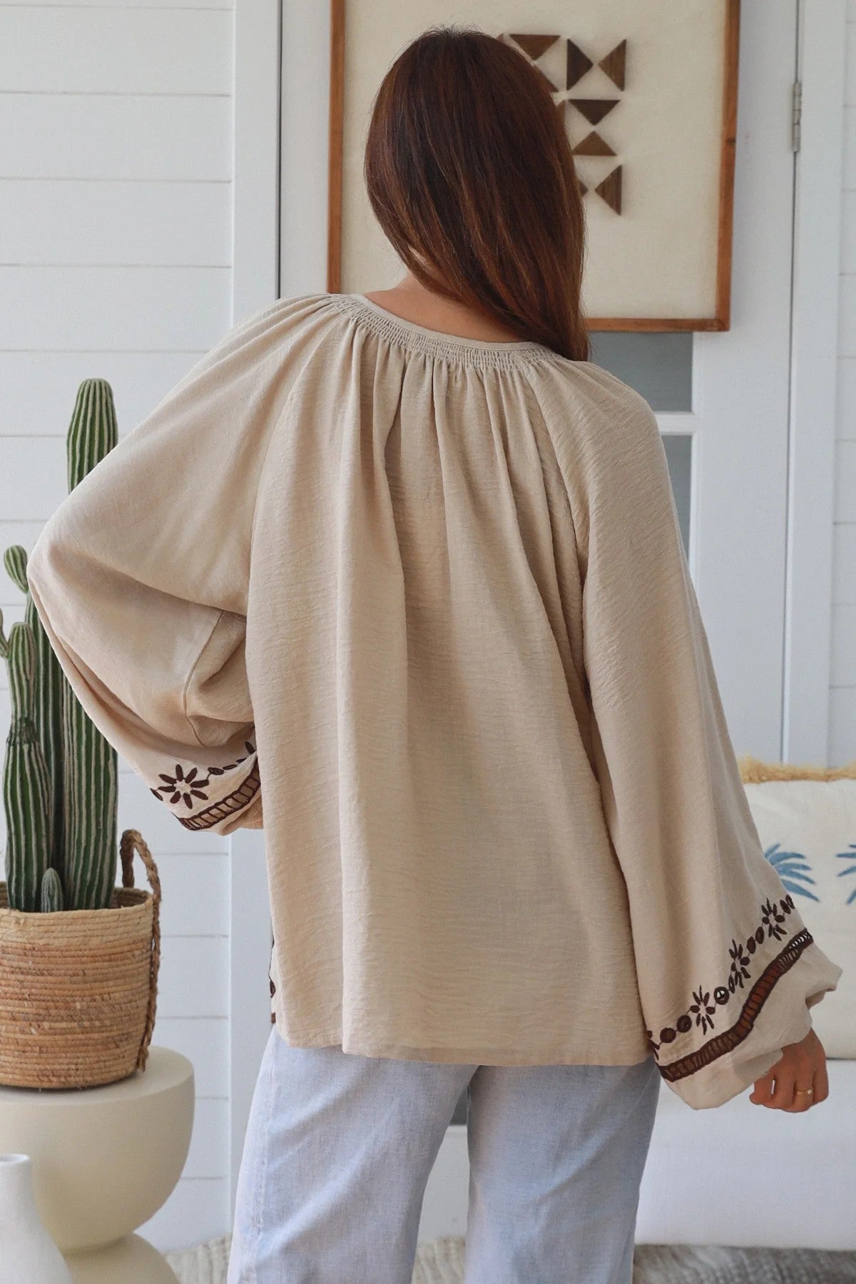 Women’s Boho Embroidered Blouse | Cotton Linen Tassel Top | Coffee
