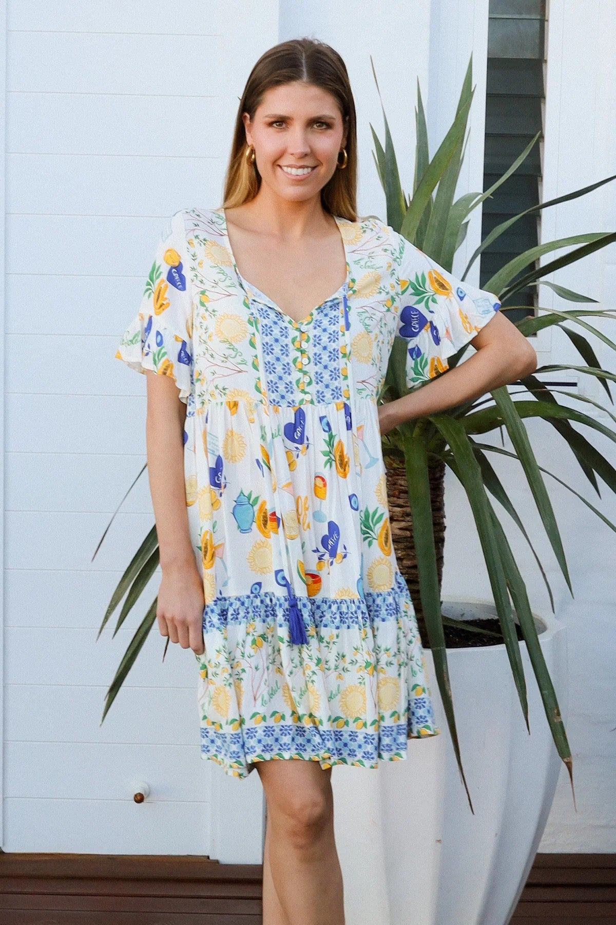 Abby Mediterranean Print Rayon Mini Dress