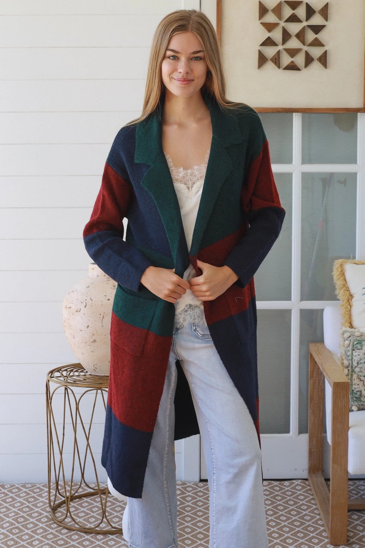 Emerson Colour Block Longline Wool Blend Cardigan