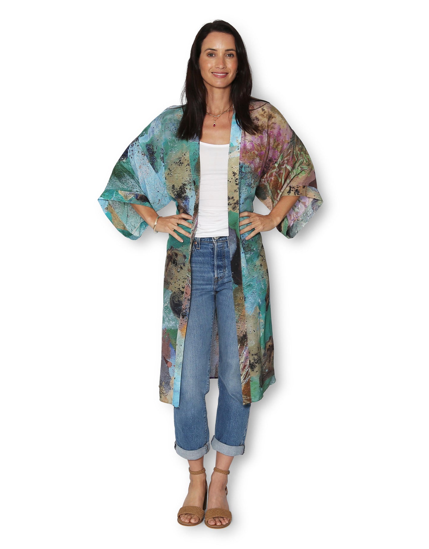 Coastal Whispers in Rob Silk Long Kimono