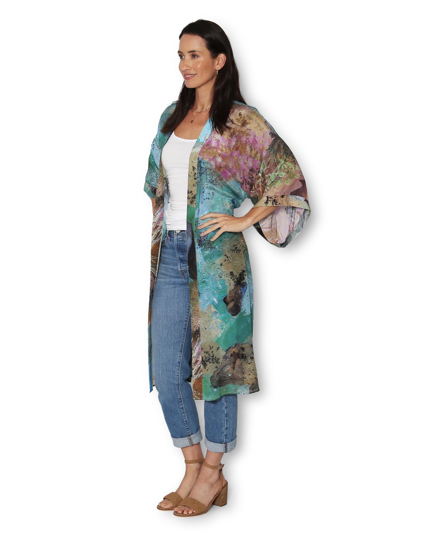 Coastal Whispers in Rob Silk Long Kimono
