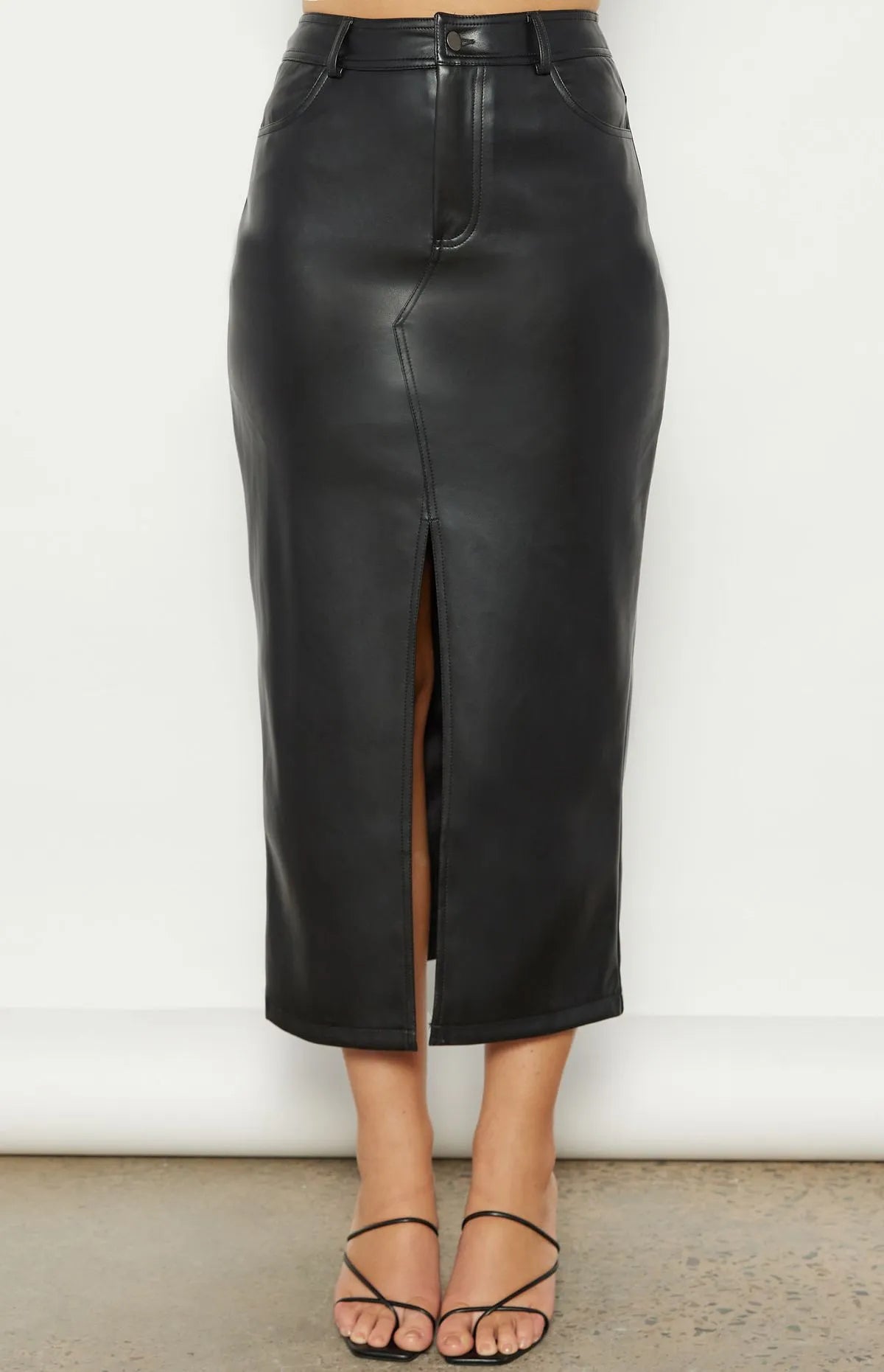 FAUX LEATHER MIDI SKIRT WITH FRONT SPLIT