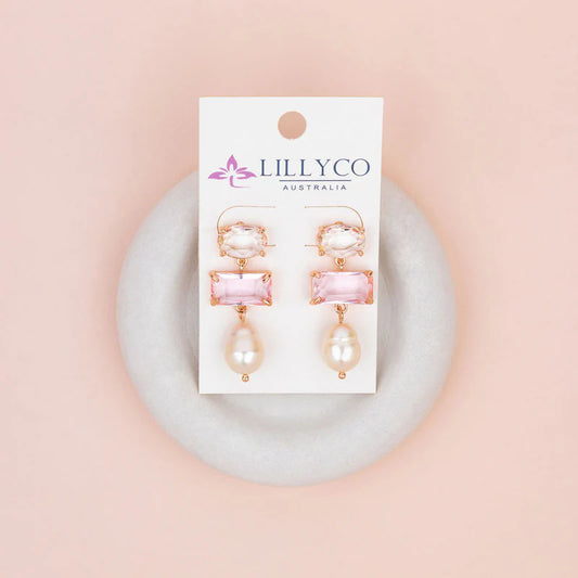 Pink Crystal, Clear Crystal & Pearl Drop Earrings