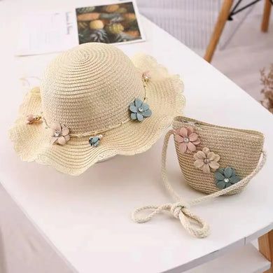 Beach Sun Hat & Zipper Straw Bag Set