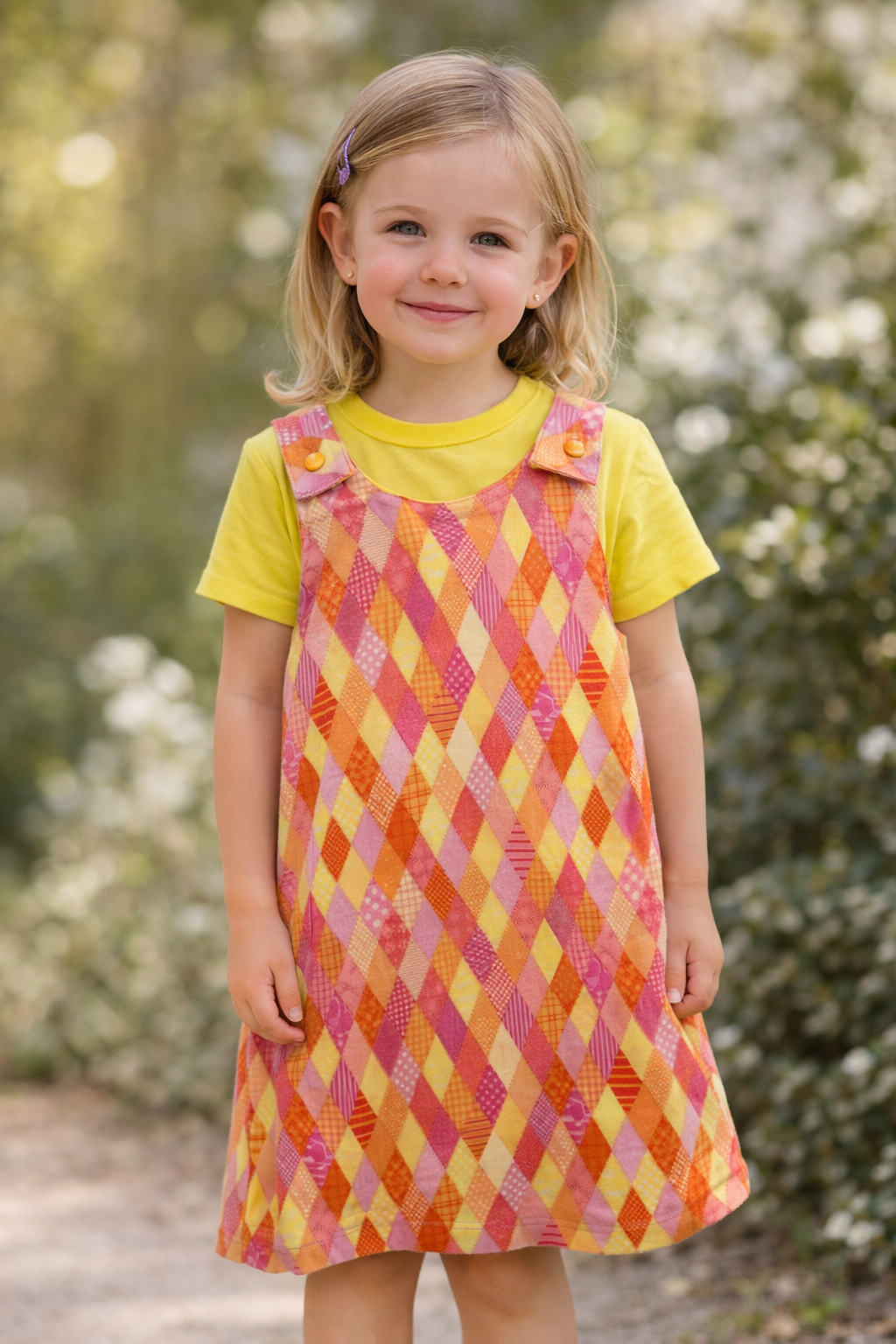 4yr Lemon Floral/Diamonds - Handmade Reversible Girls Dress – Bright Floral Boutique Style