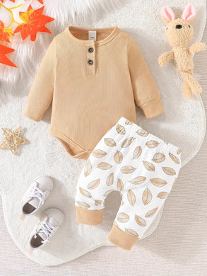 Leaves Pattern Outfit, Ribbed Bodysuit & Pants Set