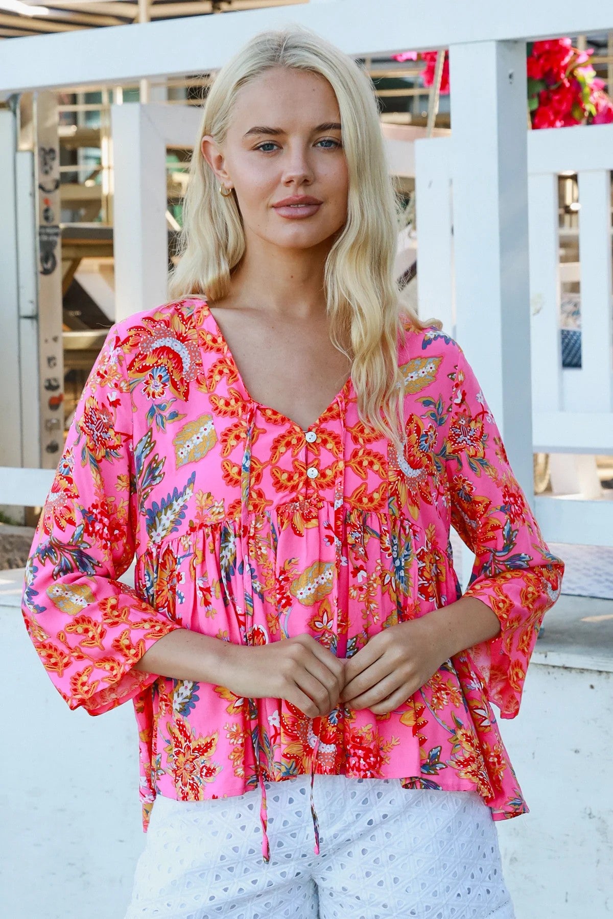 Beverly Pink Floral V-Neck Top – DreamCatcher | 100% Rayon
