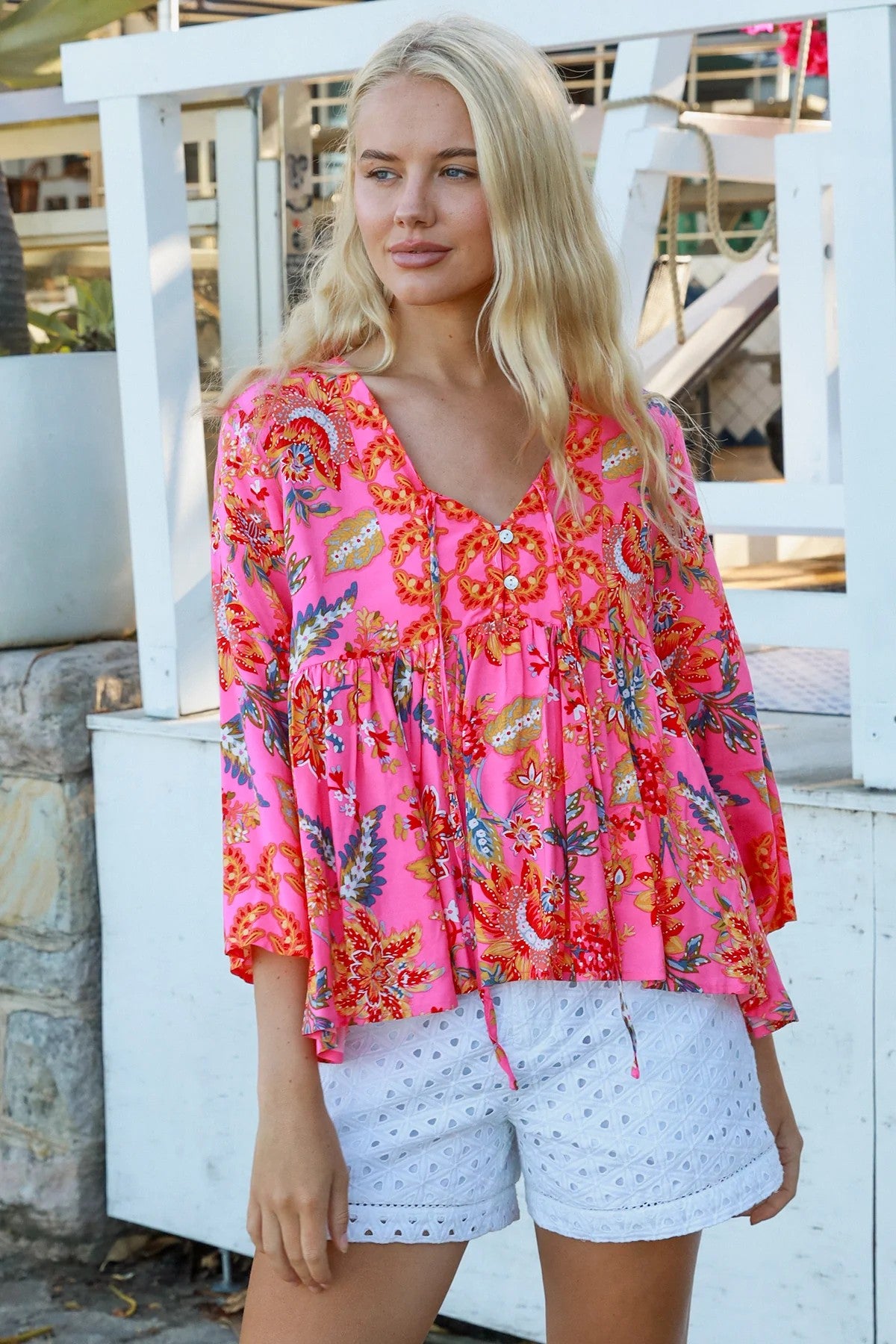 Beverly Pink Floral V-Neck Top – DreamCatcher | 100% Rayon