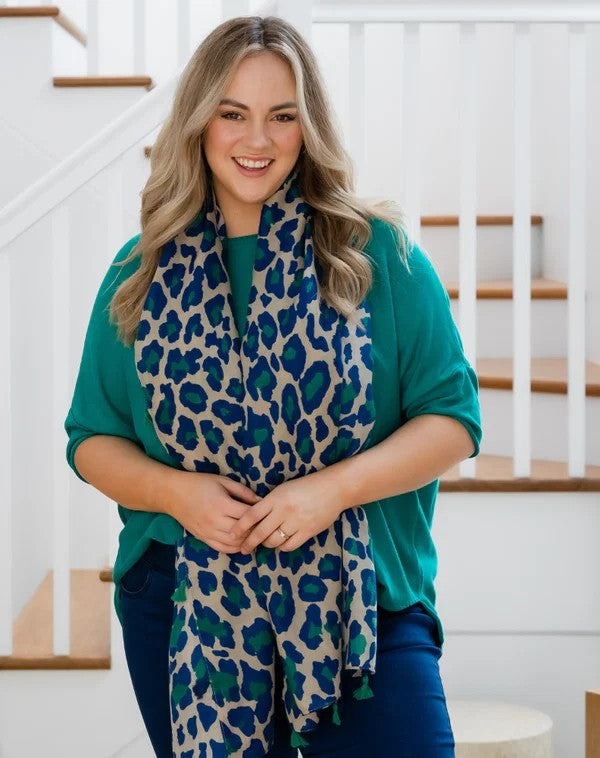 Animal Print Scarf - Blue/Green - Cotton Blend