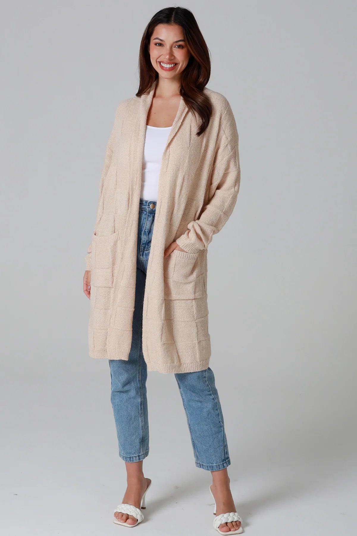 Beige Longline Knit Wool Blend Cardigan – Women's Long Cardigan