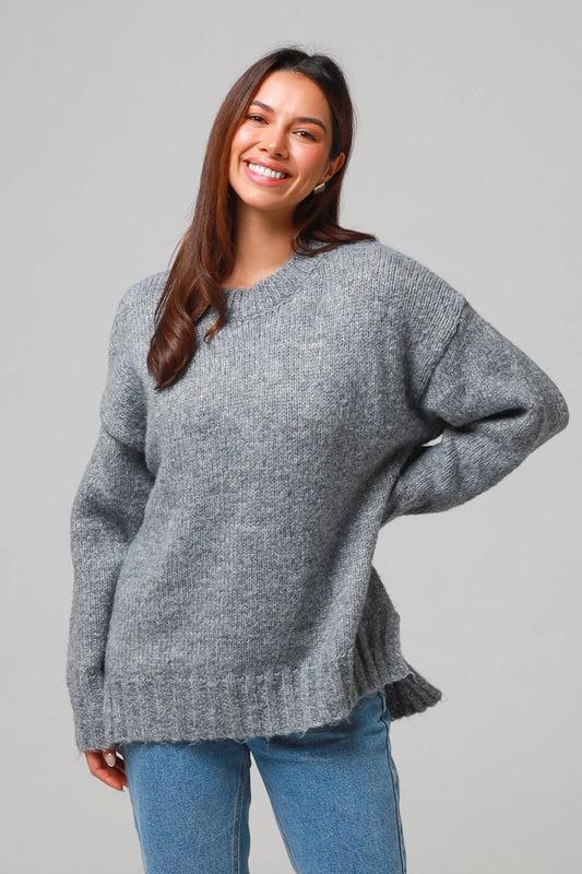 Classic Grey Knit  Wool Blend Sweater – Women's Sweater