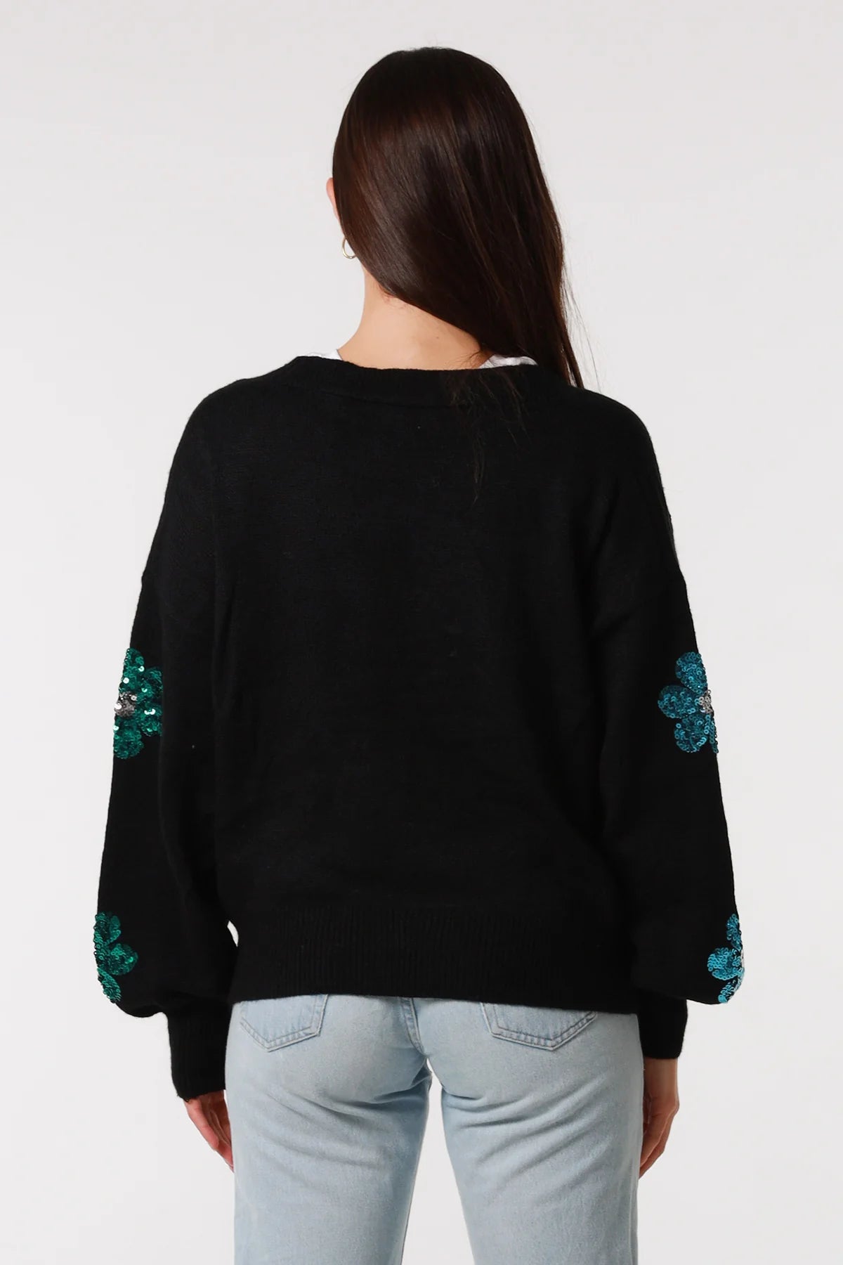 Black Sequin Flower Knit Wool Blend Cardigan - Women's Cardigan