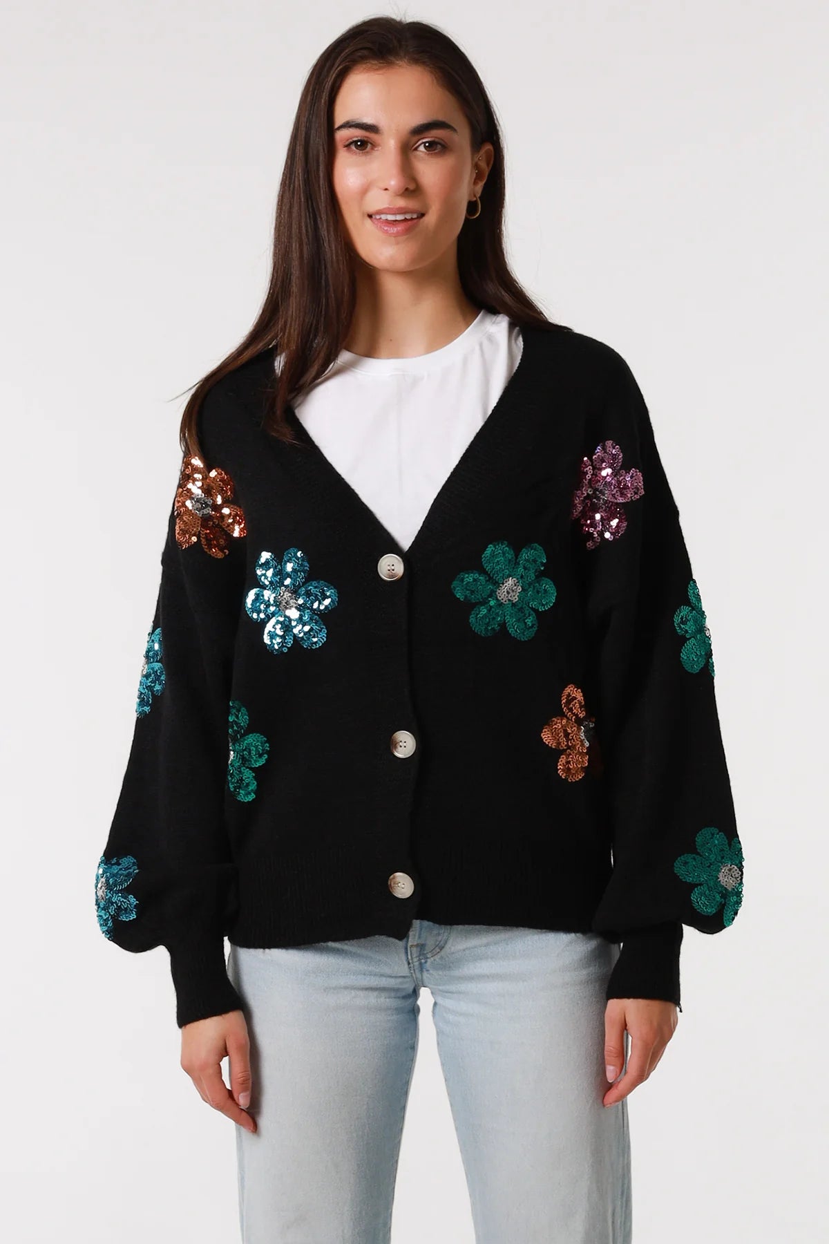 Black Sequin Flower Knit Wool Blend Cardigan - Women's Cardigan