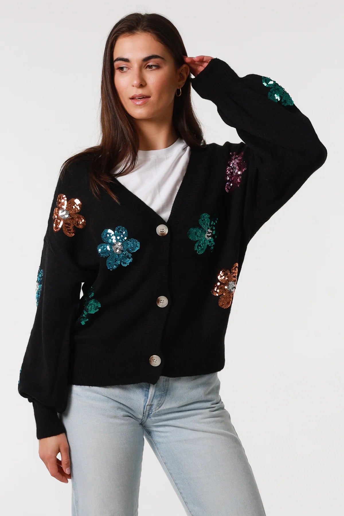 Black Sequin Flower Knit Wool Blend Cardigan - Women's Cardigan