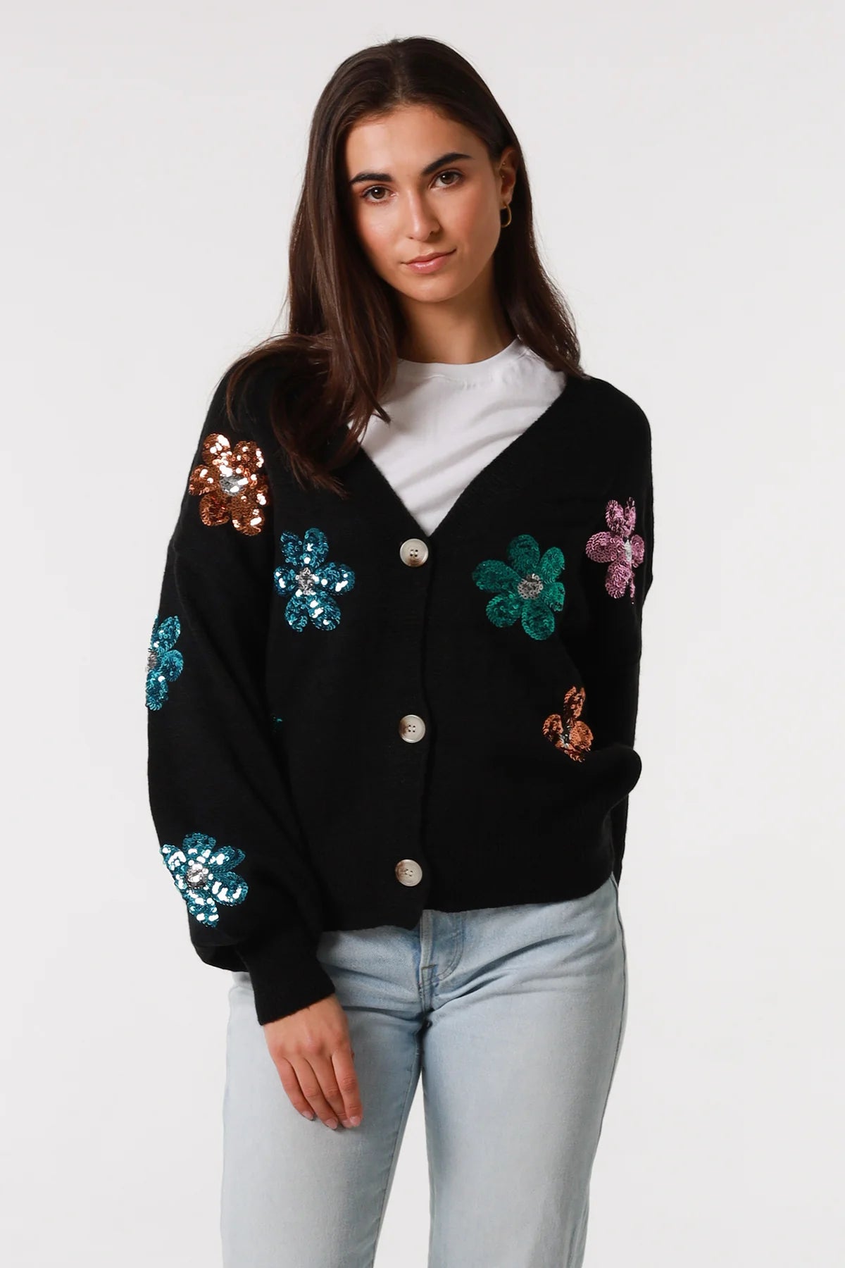 Black Sequin Flower Knit Wool Blend Cardigan - Women's Cardigan