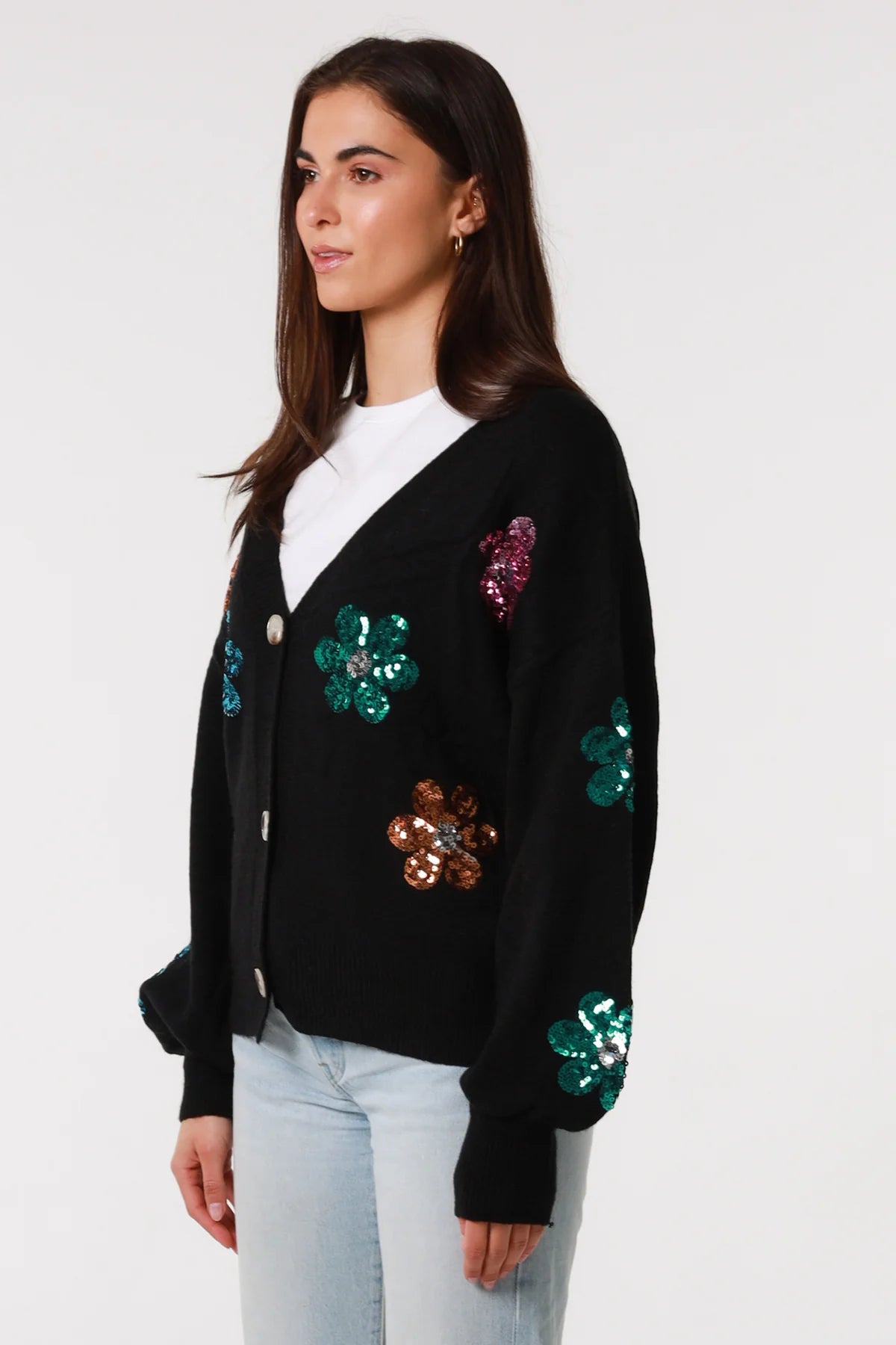 Black Sequin Flower Knit Wool Blend Cardigan - Women's Cardigan