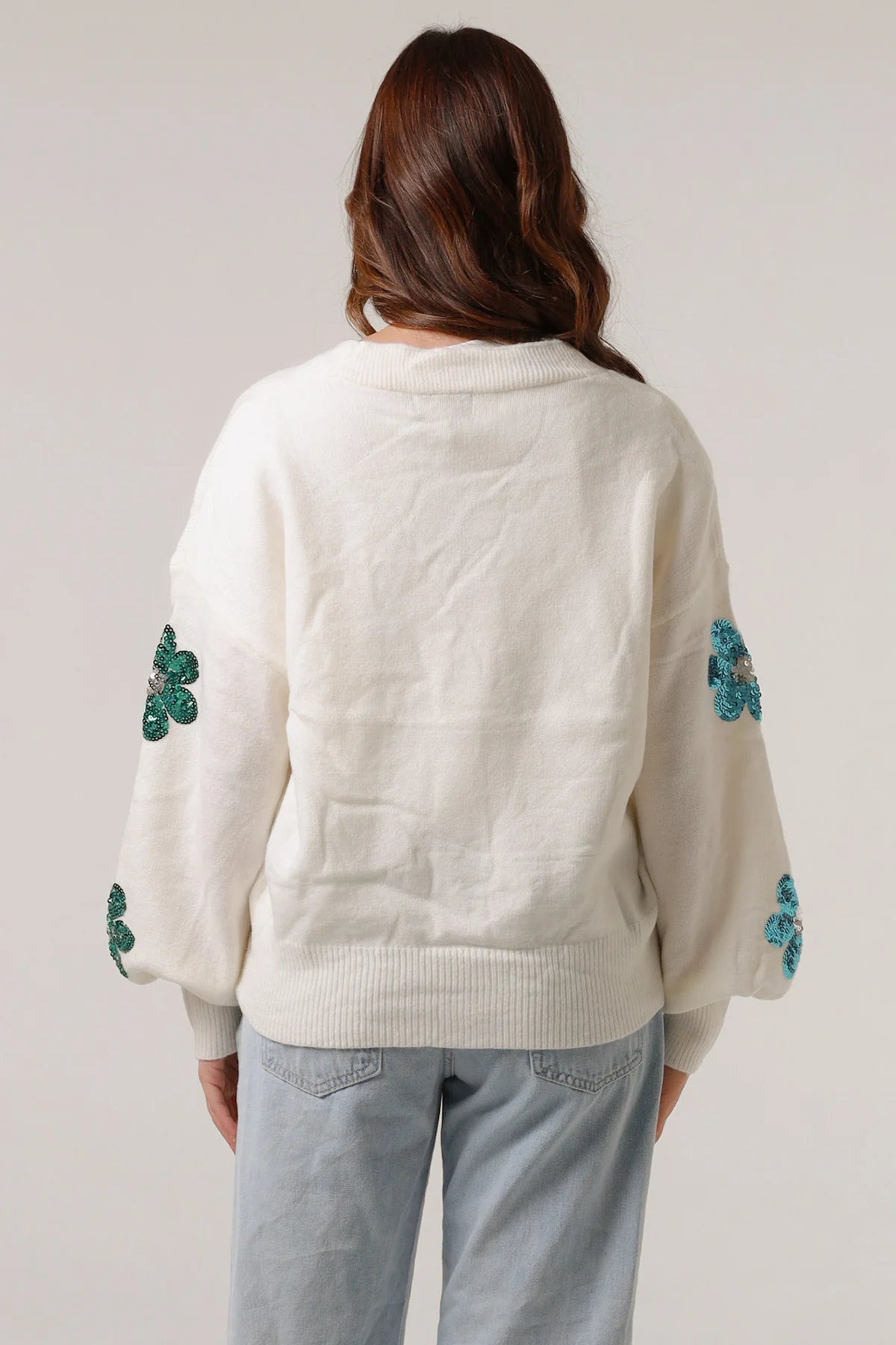 White Sequin Flower Knit Wool Blend Cardigan – Women's Cardigan