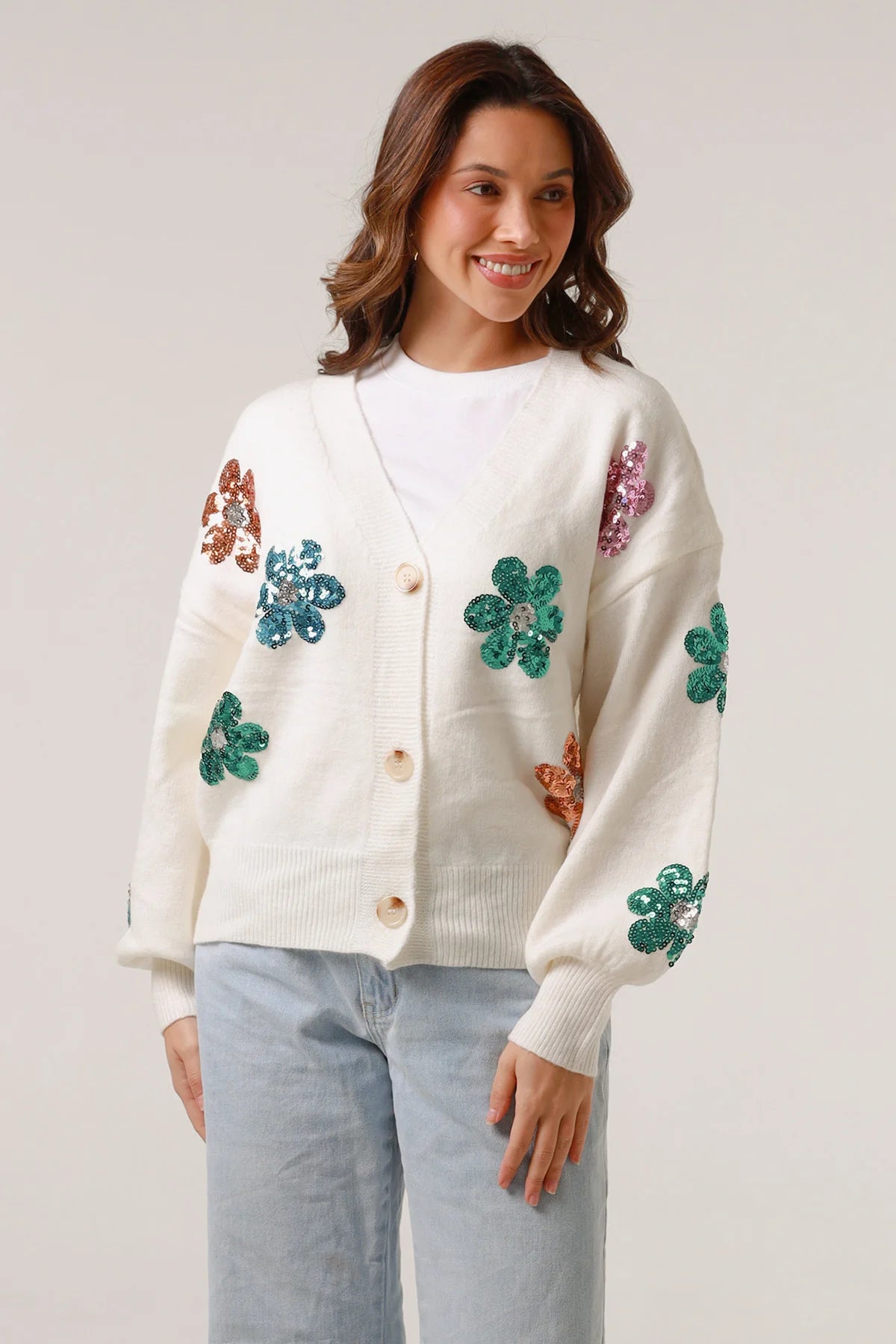White Sequin Flower Knit Wool Blend Cardigan – Women's Cardigan