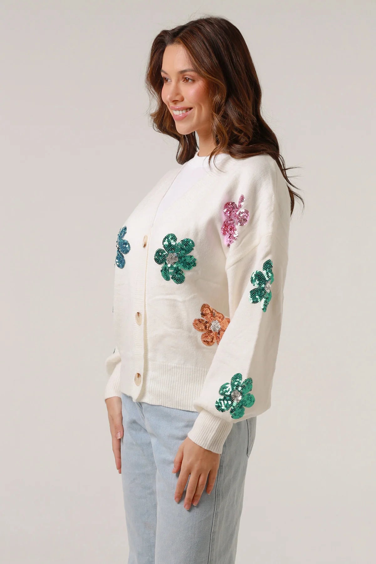 White Sequin Flower Knit Wool Blend Cardigan – Women's Cardigan