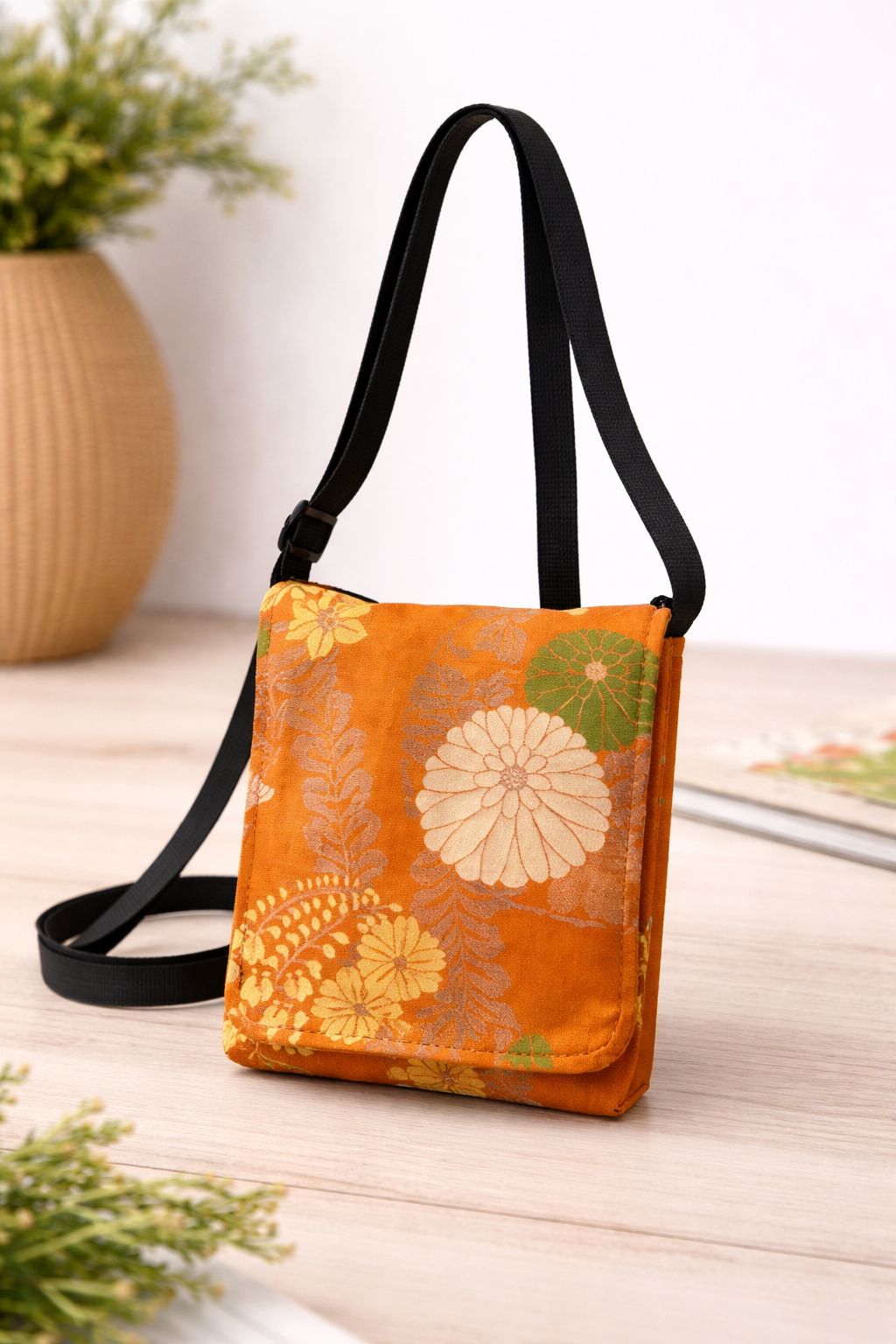 Orange Floral Upcycled Crossbody Bag