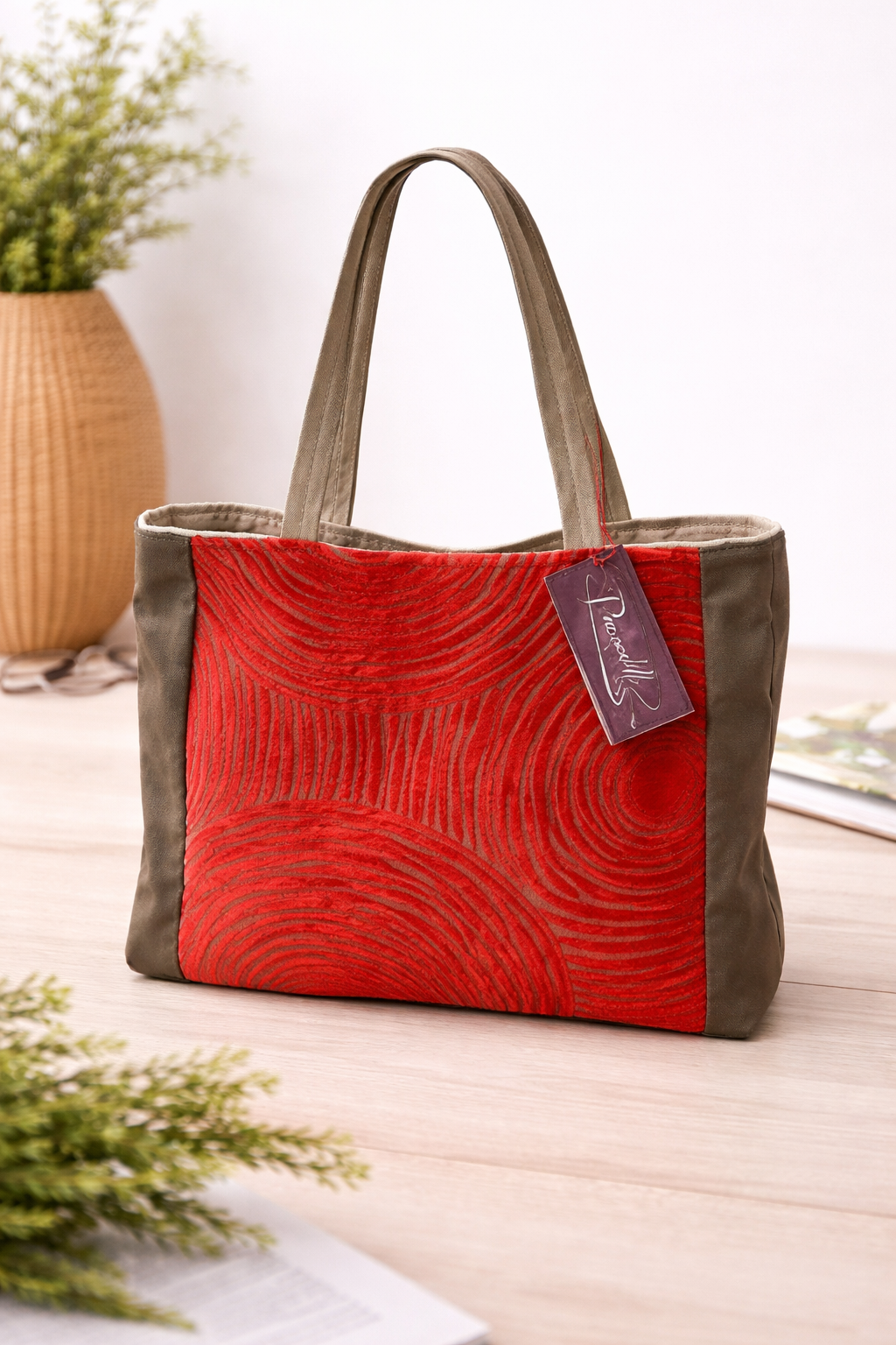 Red Textured Upcycled Tote Bag