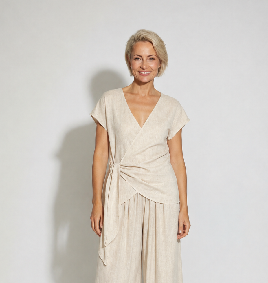 Temptation Lane Natural Wrap Top | Linen Viscose Blend