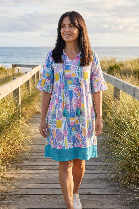 Orientique One Summer- Hannah Cotton Boho Tunic Dress – Tropical Blocks Blue