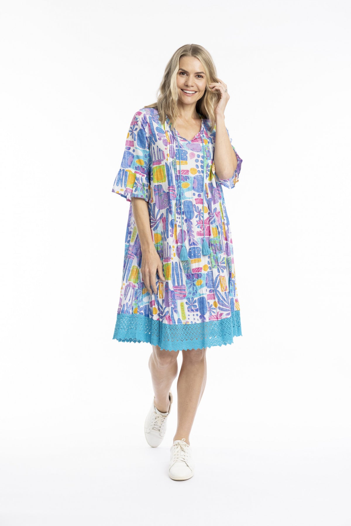 Orientique One Summer- Hannah Cotton Boho Tunic Dress – Tropical Blocks Blue