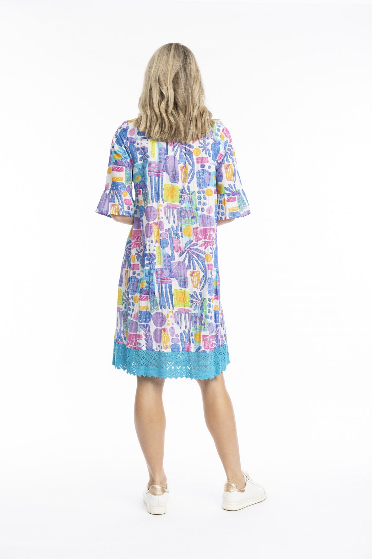 Orientique One Summer- Hannah Cotton Boho Tunic Dress – Tropical Blocks Blue