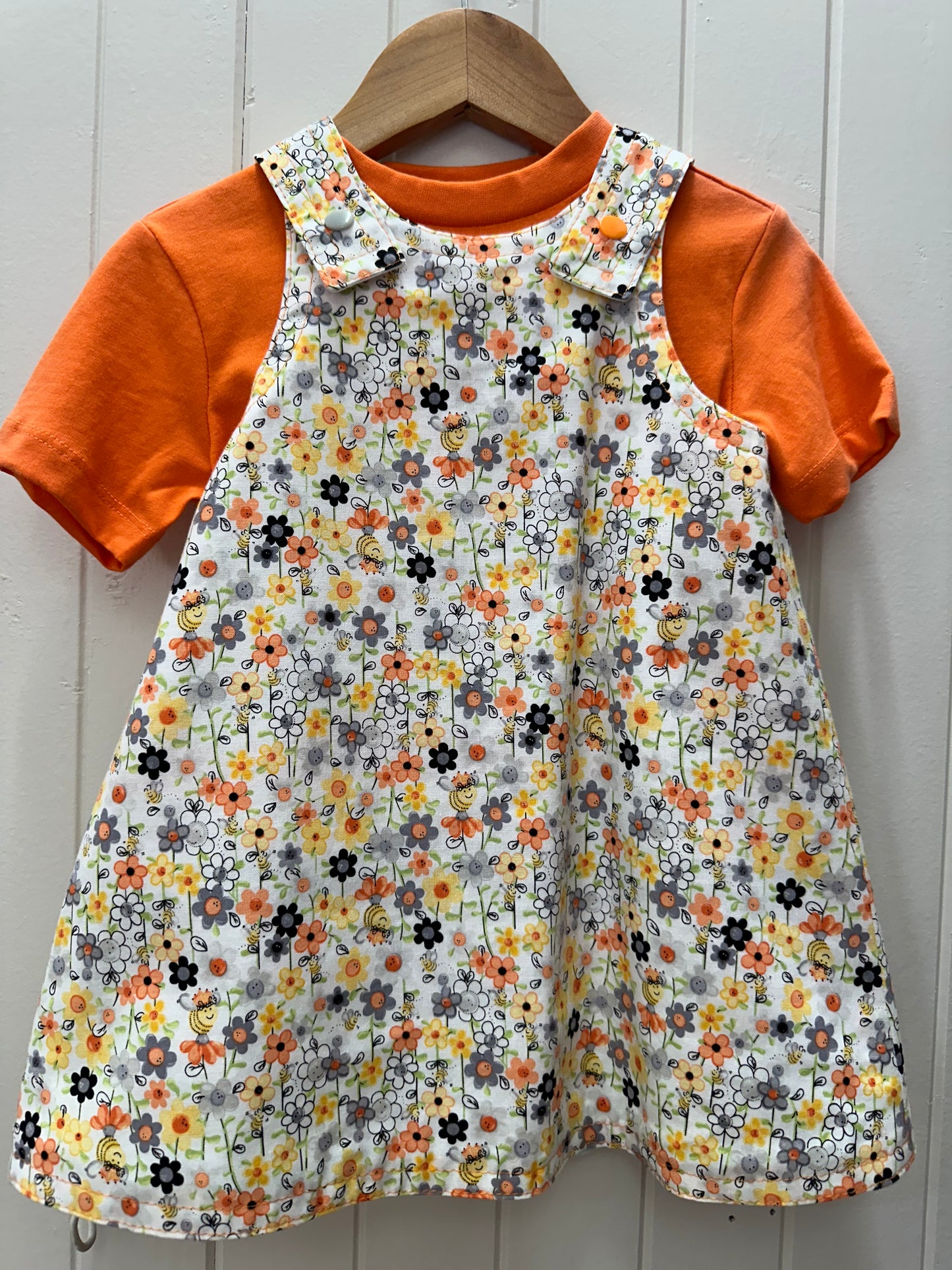 Rabbit Border/White with Orange Grey Floral Reversable Dress #654
