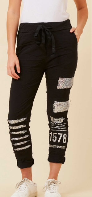 Black Denim Sequin Patch Pant