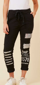 Black Denim Sequin Patch Pant