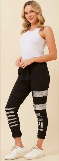 Black Denim Sequin Patch Pant