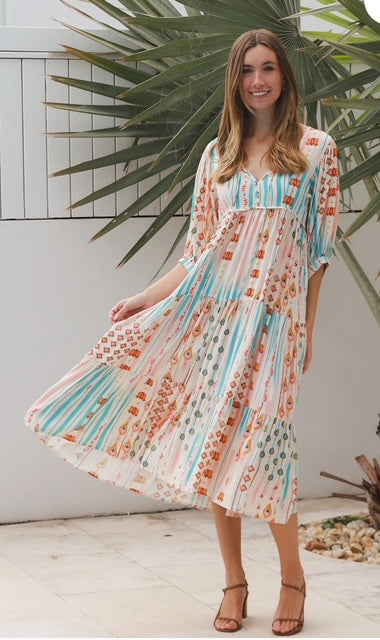 Carla Midi Dress Exclusive Print - Boho Stripe Print Midi Dress - Womens Midi Dress