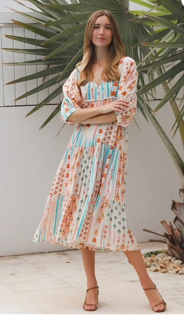 Carla Midi Dress Exclusive Print - Boho Stripe Print Midi Dress - Womens Midi Dress