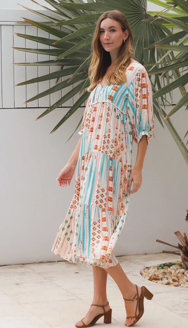 Carla Midi Dress Exclusive Print - Boho Stripe Print Midi Dress - Womens Midi Dress