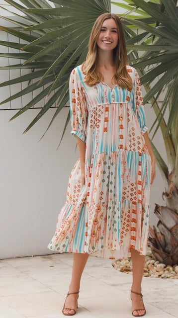 Carla Midi Dress Exclusive Print - Boho Stripe Print Midi Dress - Womens Midi Dress