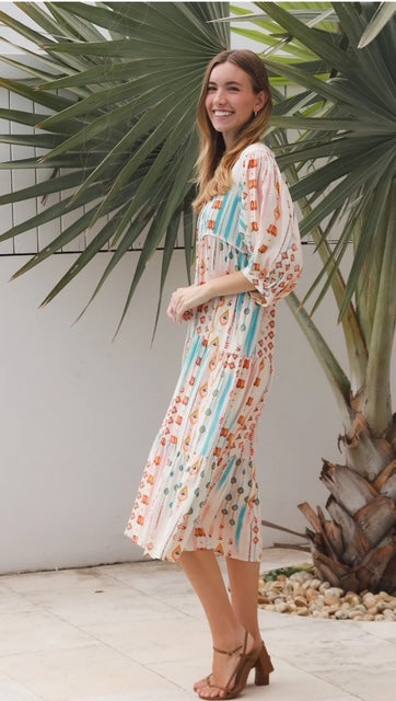 Carla Midi Dress Exclusive Print - Boho Stripe Print Midi Dress - Womens Midi Dress