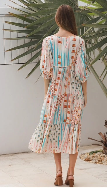 Carla Midi Dress Exclusive Print - Boho Stripe Print Midi Dress - Womens Midi Dress