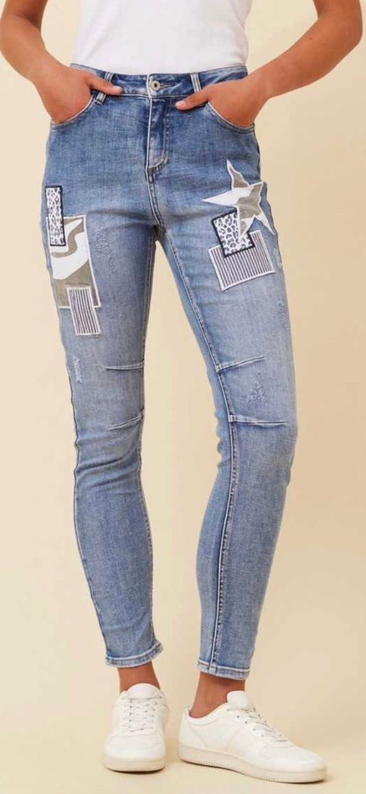 Infinity Patch Detail Stretch Denim Jeans