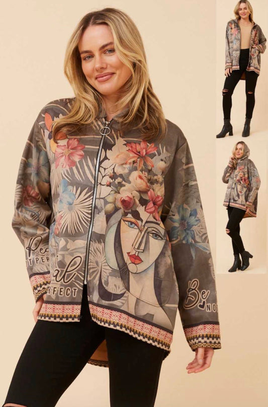 Women’s Printed Suede Jacket – Artistic Floral Zip Jacket