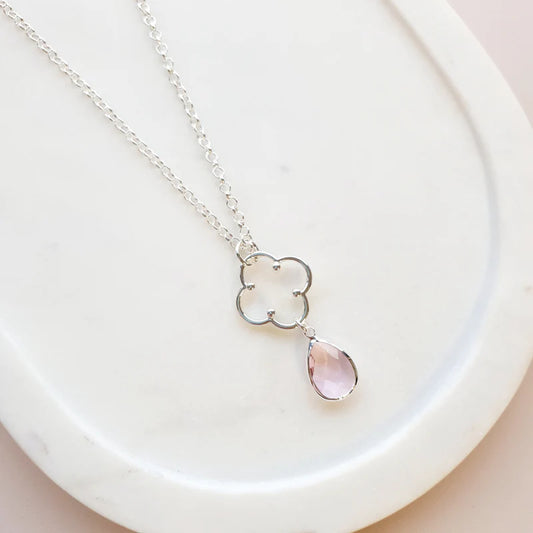 SHORT Silver Flower & Pink Crystal Necklace