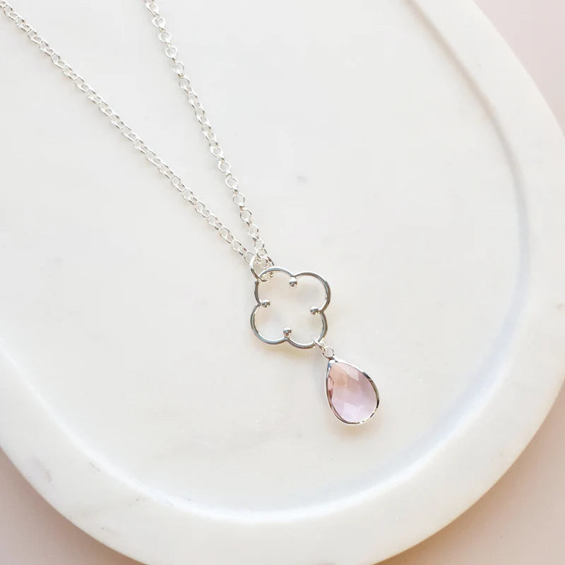 SHORT Silver Flower & Pink Crystal Necklace