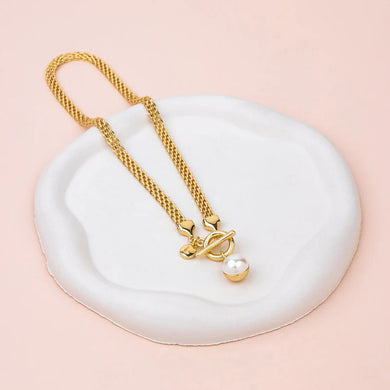 SHORT  Yellow Gold Chain with Double Sided Pearl/Metal Pendant Necklace