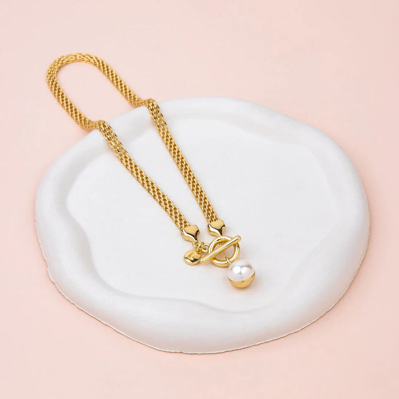 SHORT  Yellow Gold Chain with Double Sided Pearl/Metal Pendant Necklace
